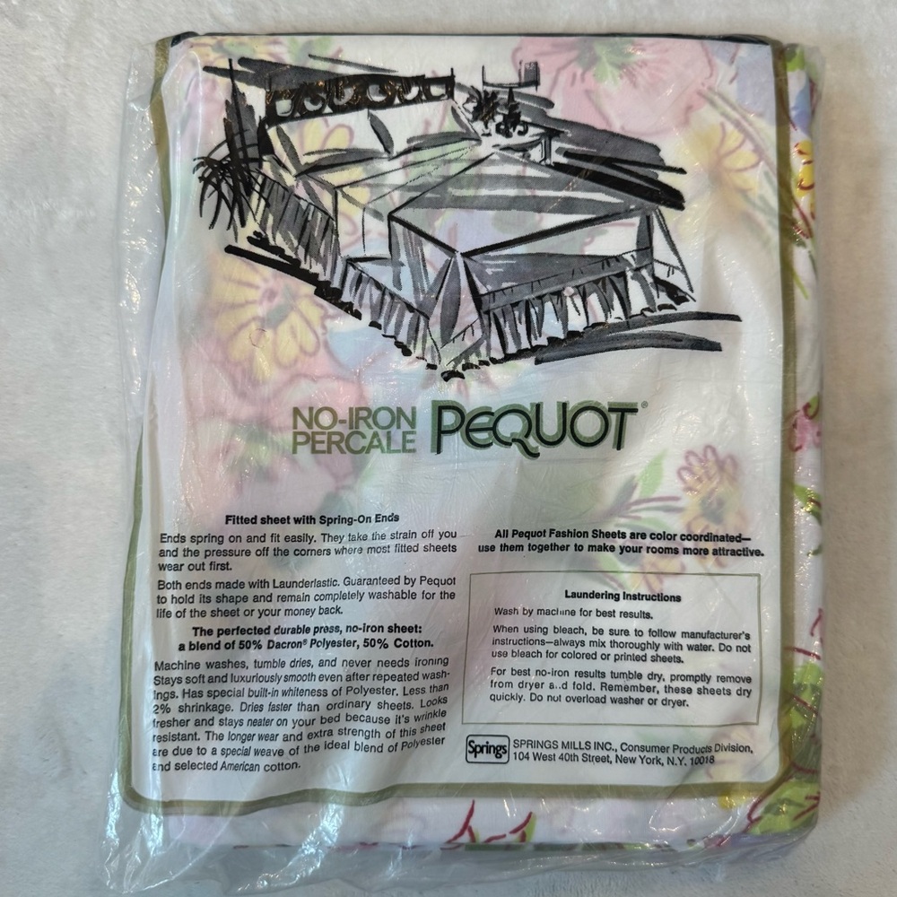 NOS Vintage 70s Pequot Floral Double Flat Sheet, No Iron Sheets, VTG Deadstock - Picture 3 of 5